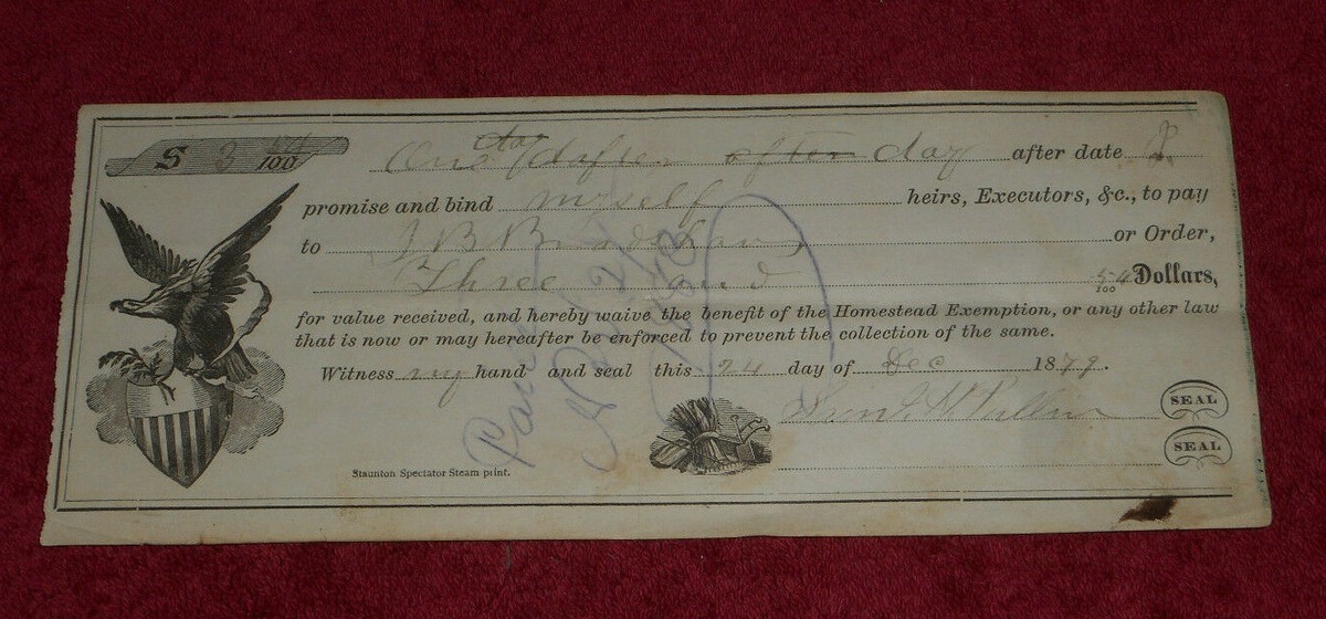 1879 Personal Christmas Check To Captain J B Bradshaw Staunton 