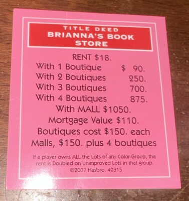 Vtg Monopoly Barbie Boutique Ed. 2007 Replacement Pc Brianna s Book Store Card