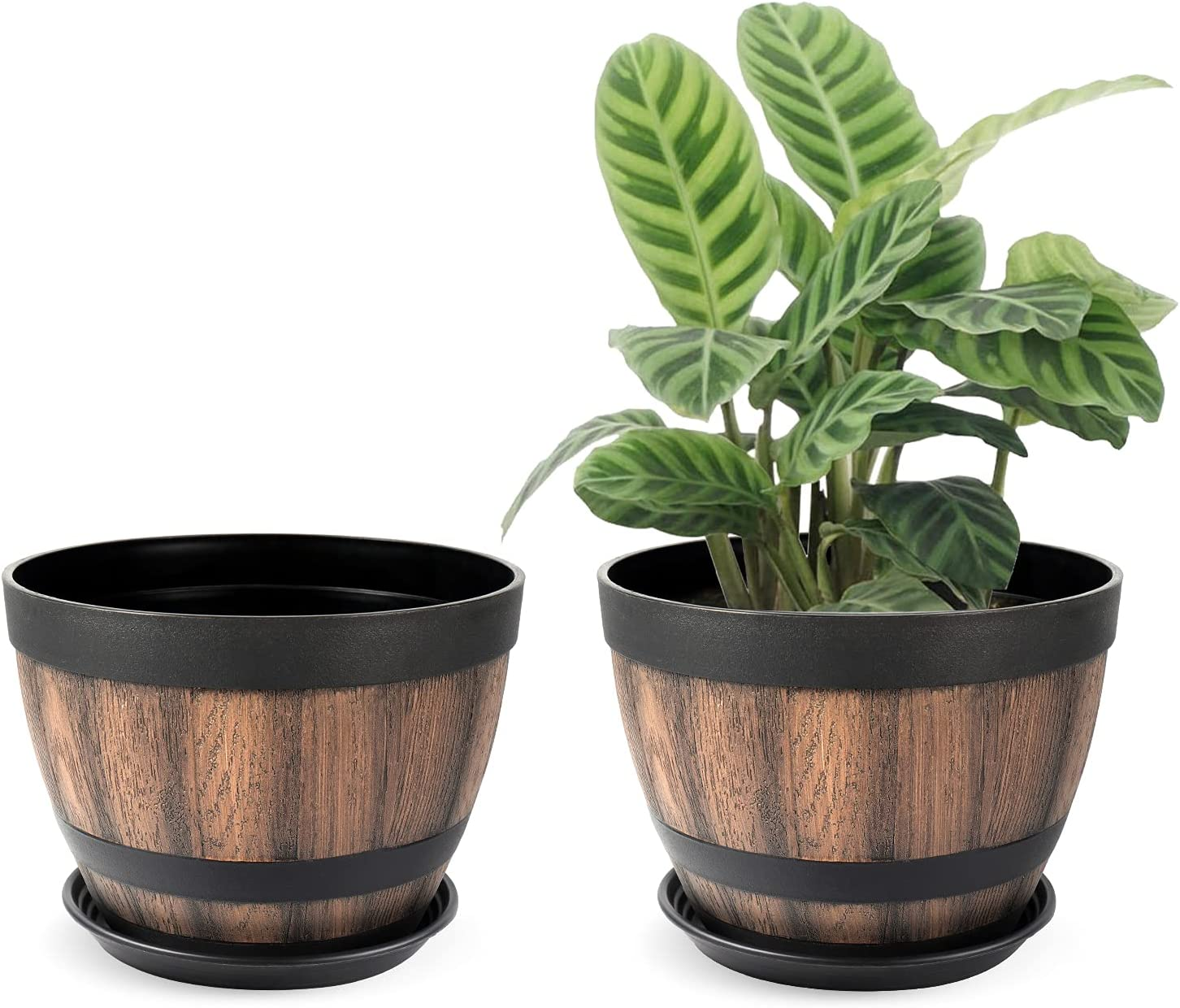 Plant Pots with Drainage Holes & Saucer, 9 Inch ,2 Pack Barrel Planters