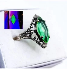 Sterling Uranium Glass Ring Marquise Filigree Green Faceted 925 Silver