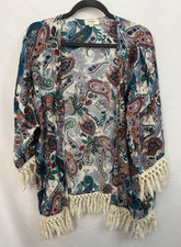 Umgee Womens M/L Open Front Paisley Kimono Fringe Edging Boho Cover Up Hippie