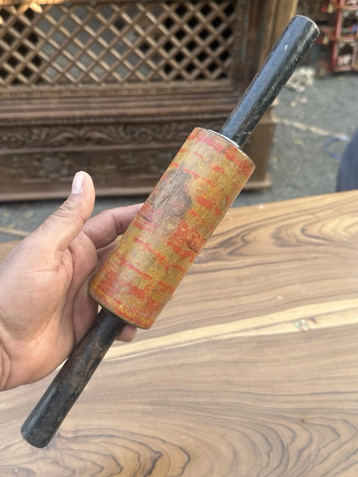 1900, Old Antique Wooden Hand Carved Lacquer Painted Rolling Pin