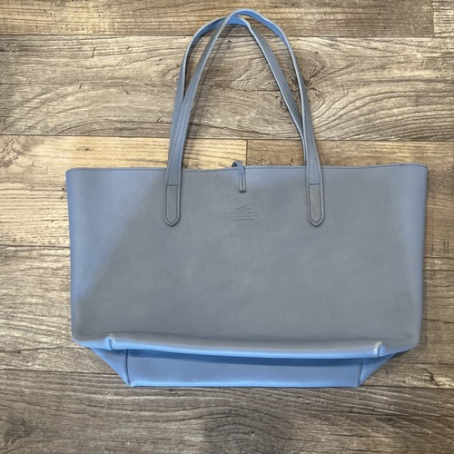 J.W. Hulme Co Leather Tote Bag Blue Gray Tie Top Trapezoid Shoulder Purse