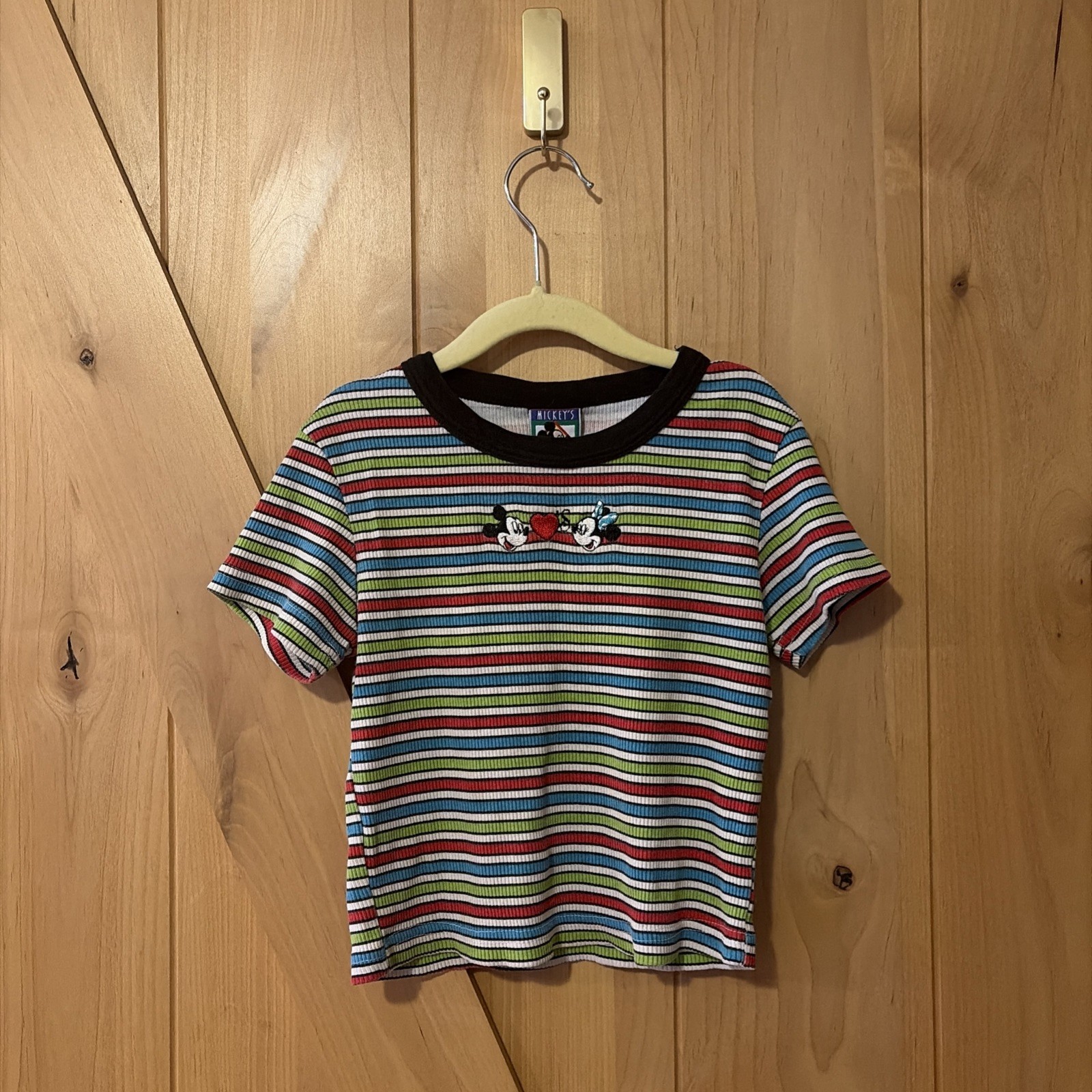 Vintage Y2K Walt Disney Girls Striped Shirt Mickey Minnie Size Small Embroidered