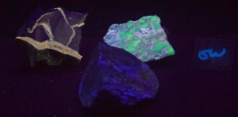 3 UV Specimens - Fluorite Calcite - Septarian Nodule - Chalcedony and Magnesite