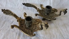 Paires D'anciens Bougeoirs Bronze Oiseaux Art Nouveau Patine Naturelle D'origine