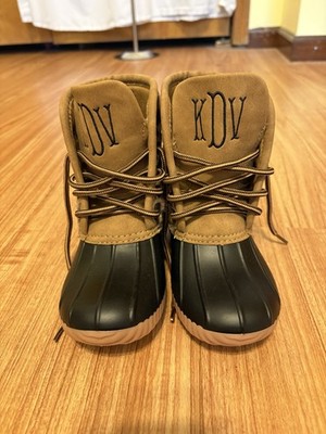 Marley Lilly Kids Sz 10 Monogrammed Faux Suede & Fabric Leopard Print Duck Boot