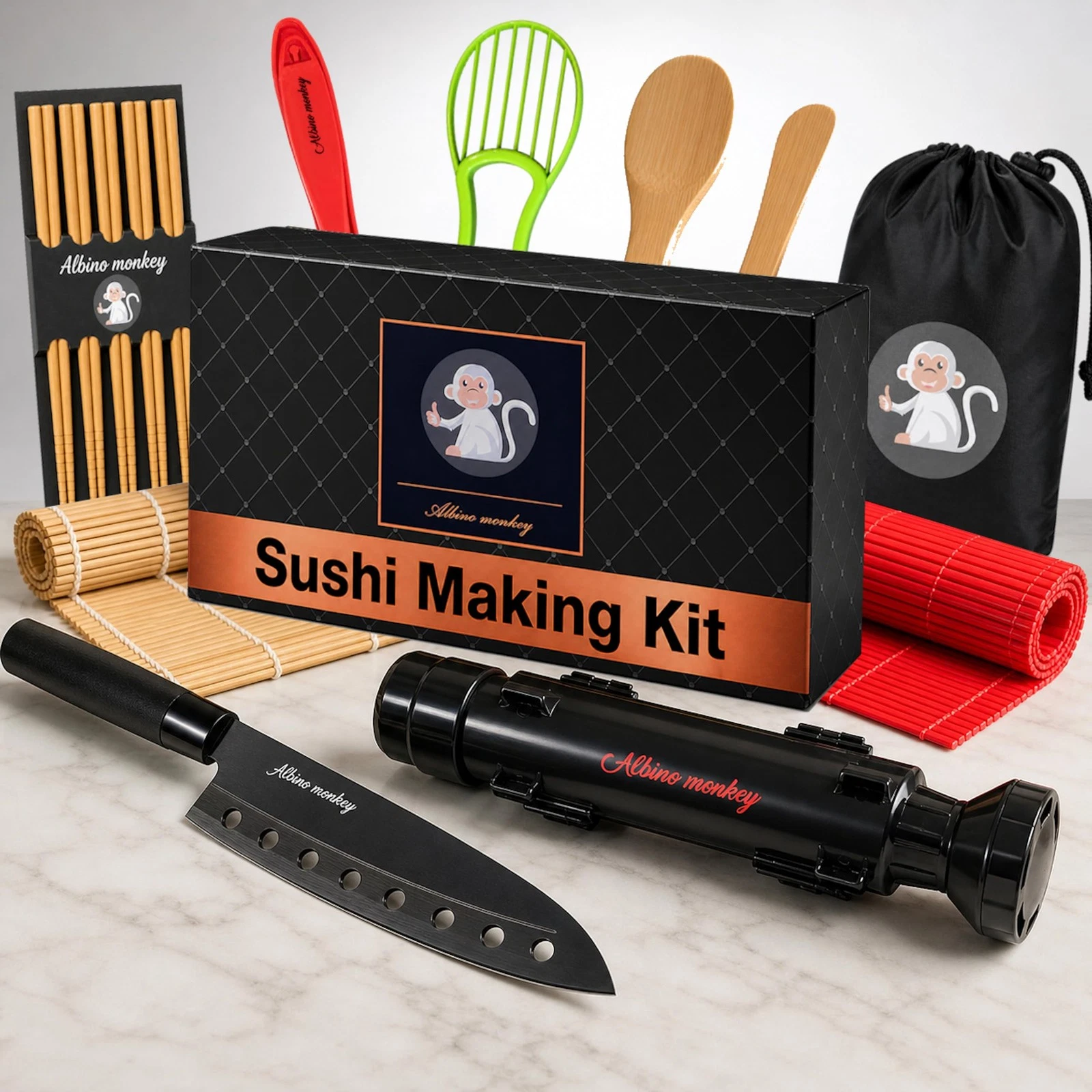 Albino monkey Sushi Making Kit with Pro Sashimi Knife – Roll 10+ Sushi Types ...