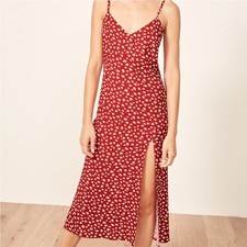 Reformation Crimini V Neck Leg Slit Midi Slip Dress in Western Red Floral Size 0
