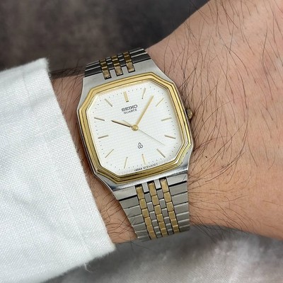 Rare Seiko Quartz 6030-5110 Octagonal Dress Watch TwoTone White Textured Vintage