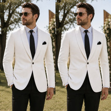 Wedding Men's White Suit Shawl Lapel Groom Tuxedo Jacket Single Breasted 2Pcs
