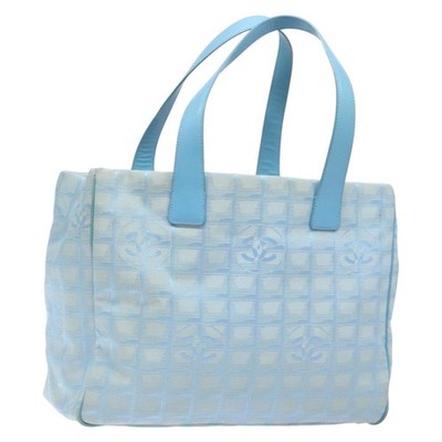 CHANEL New Travel Line Tote Bag Nylon Light Blue Silver CC Auth