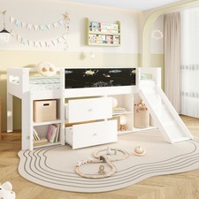 White Wooden Mid Sleeper Cabin Bed with Slide, Blackboard & Storage