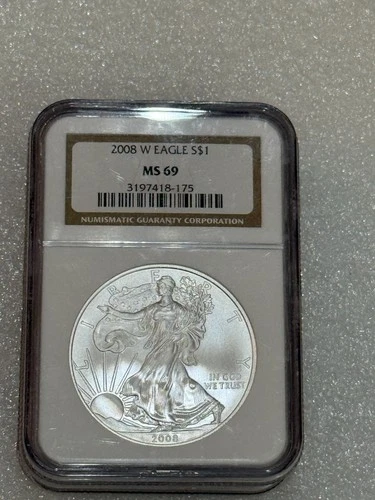 2008 W BURNISHED SILVER EAGLE NGC MS 69 ~~ BROWN LABEL ~~ PRISTINE ~~ NO SPOTS