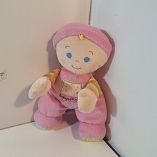 Fisher Price Babys 1st Doll Soft Plush Rattle Pink Hat Stripes Blue Eyes Blonde