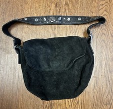 Vintage Harley Davidson Black Suede Leather Purse Clasp w/Bling Shoulder Strap