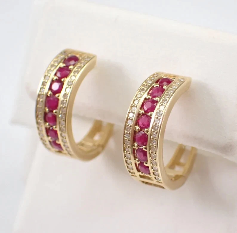 1Ct Round Cut Natural Red Ruby Women Huggie Hoop Earrings 14K Yellow Gold Plated - Image 3 of 4