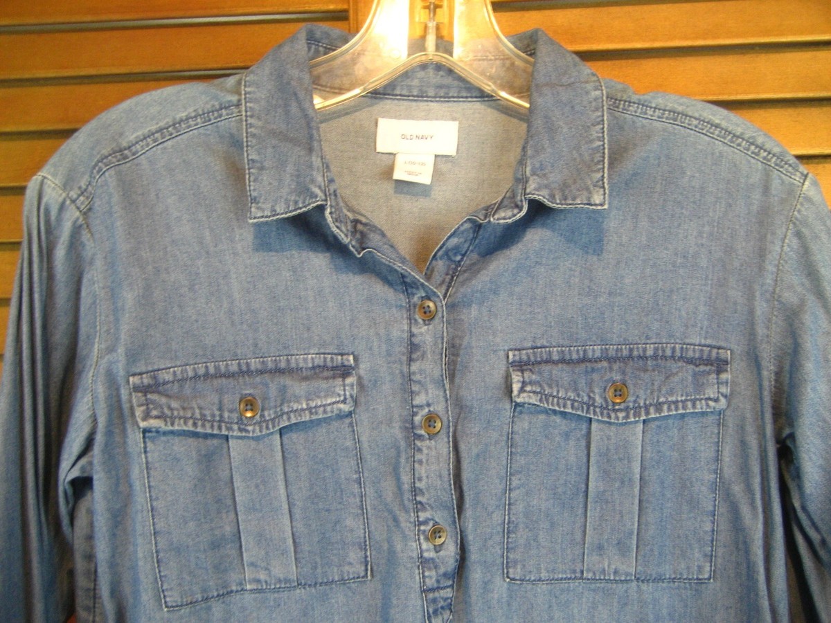 Womens Old Navy LS Cotton Blend Blue Denim Work Shirt sz L UK
