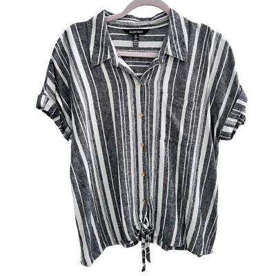 Ellen Tracy Linen Button Up Shirt top Large Blue White Stripes cap Sleeves NWOT