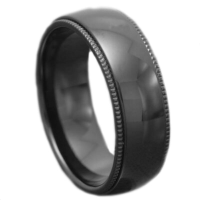 8mm Black Domed High Polish Titanium Ring Milgrain Edge Men's Wedding Band