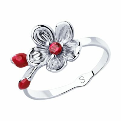 Damen Ring 925 Sterling Silber Gr. 56 Emaille Korund Blume Sokolov 03242