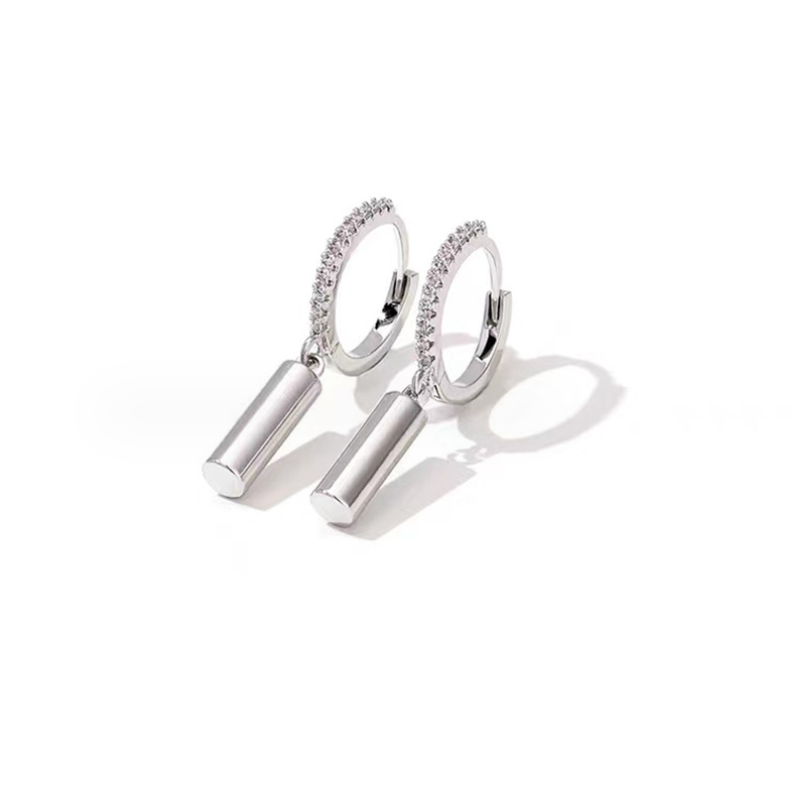 925 Silver CZ Dangle Bar Huggie Hoop Earrings PE3