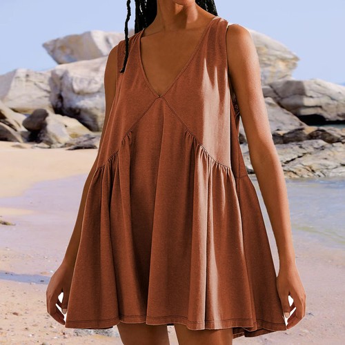 Womens Summer Sleeveless Mini Dress Casual Loose V Neck Sundress Babydoll Dress - Picture 5 of 16