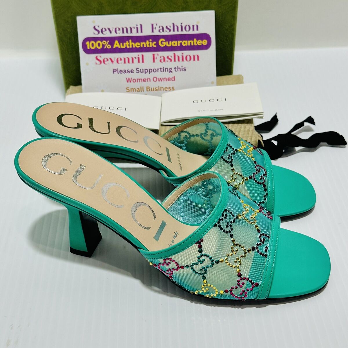 Gucci GG Crystal Mesh Leather Heel Sandal Blue Turquoise Gucci GG Crystal Mesh Leather Heel Sandal Blue Turquoise