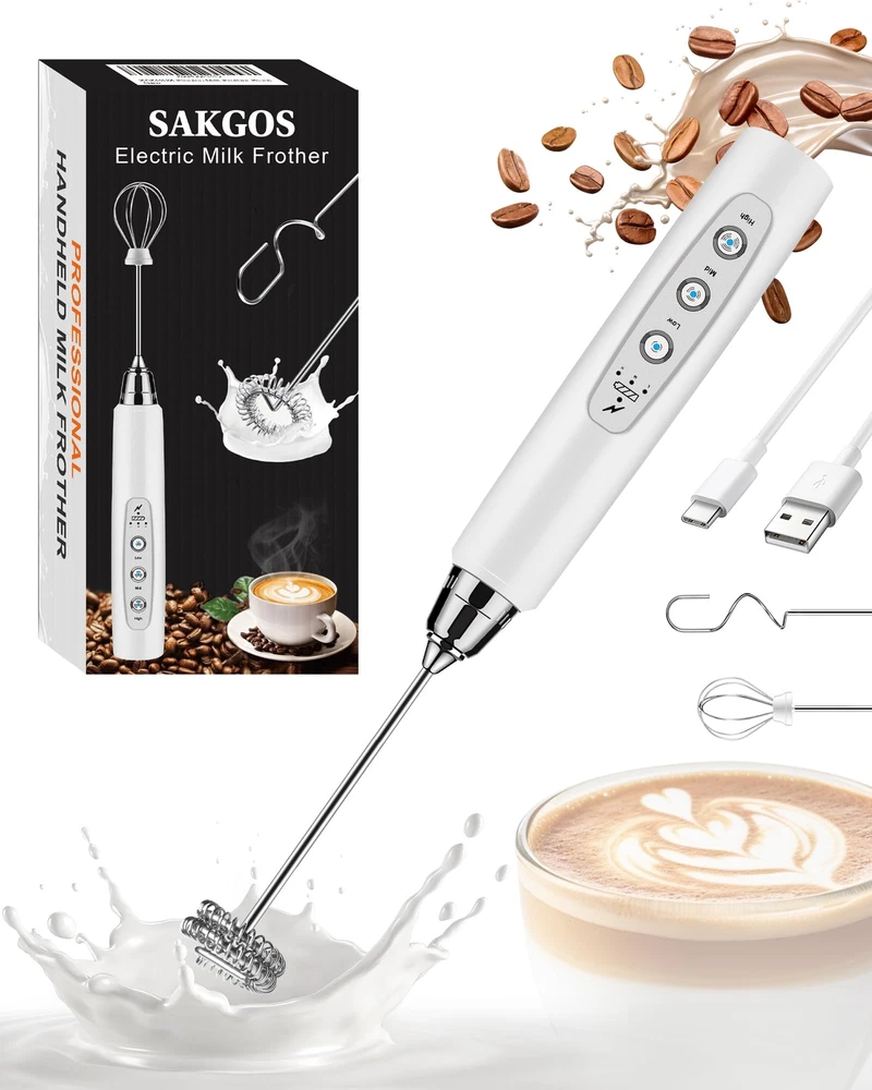 Milk Frother Rechargeable Handheld-Electric Whisk 3 Speed Adjustable, Coffee ...