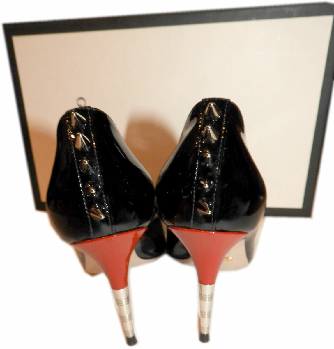 Gucci Pumps Black Leather Bow Spike GG logo Heels 36.5 Gold Logo