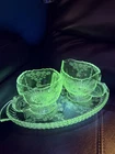 3 Pc Vintage Paden City Wild Rose Green Uranium Depression Glass Breakfast Set