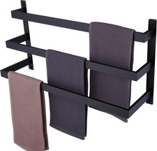 Black 3-Tier Ladder Towel Rack - Wall-Mounted Stainless Steel Bath Holder