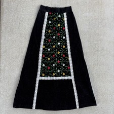 Vintage 70  s True Vintage Black Velvet Embroidered Floral Maxi Skirt Children  s