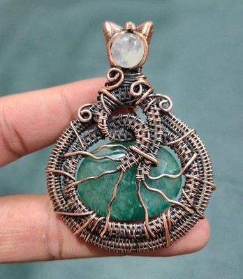 Faceted Zambian Emerald & Rainbow Moonstone Crystal Wire Wrap Handmade Pendant