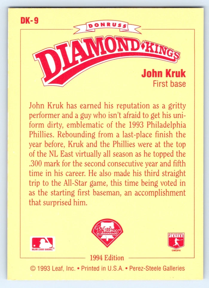 1994 Donruss - Diamond Kings John Kruk #DK-9 - Image 2 of 2