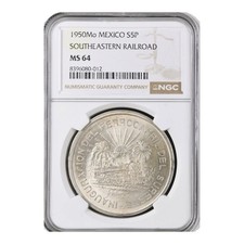 1950-MEXICO SILVER 5 PESOS-SOUTHEASTERN RAILROAD-NGC MS 64-Beautiful Coin