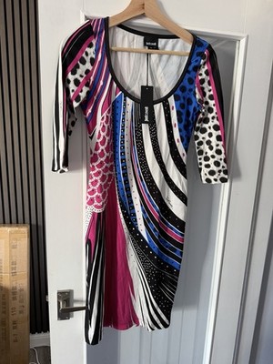 Just Cavalli Dress IT 42 UK 10 Pink BlueAbstract Animal Print Midi Stretch Dress