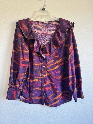 Terra & Sky Women's Colorful Long Sleeve Button Down Shirt Ruffle V Neck 0X/14W