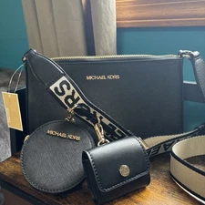 Michael Kors Jet Set Black Saffiano Leather Crossbody Bag with AirPods Pro Case