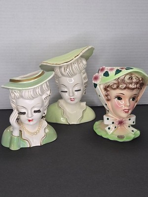 Three Vintage MCM Lady Head Vases Green Elegant Miss Enesco & Tilso