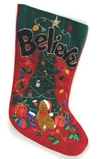 CHRISTMAS HOLIDAY STOCKING GLITTERY VELVETY SOFT BELIEVE 16" MULTICOLOR 