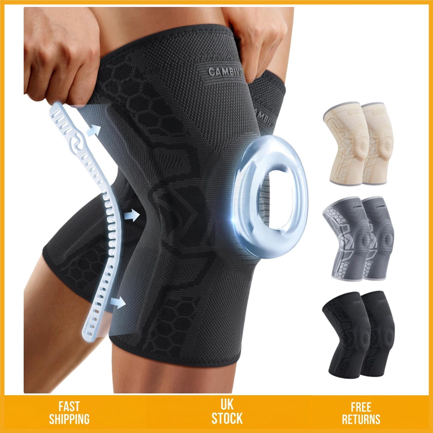 Breathable Compression Knee Sleeve Patella Gel Pad Side Stabilizers 2 Pack
