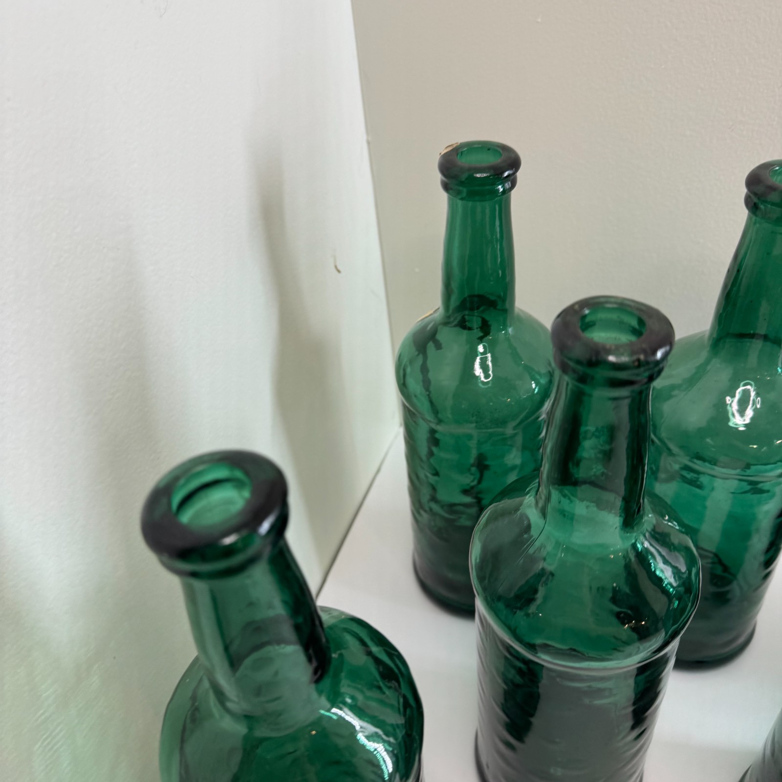 Set of 8 Green Hammered Glass Bottles 10.5” Rustic Decorative Vase Craft Lot