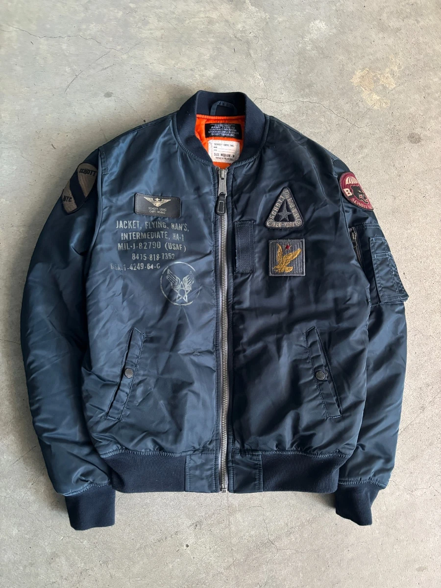 Chaqueta de vuelo de bombardero Schott NYC MA-1 azul marino parches de aviación militar naranja