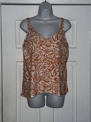 Lands' End Women's Tulip Hem Tankini Top AR8 Orange Mini Tropic Leaves M(10-12)