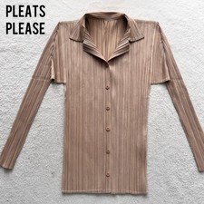 Camicia blusa PLEATS PLEASE Issey Miyake beige plissettata collo aperto taglia 3 L giappone