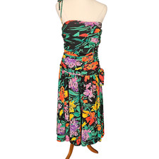 Vintage Masquerade 80s Ruched Drop Waist Prom Party Dress Size 10 Strap Tropical