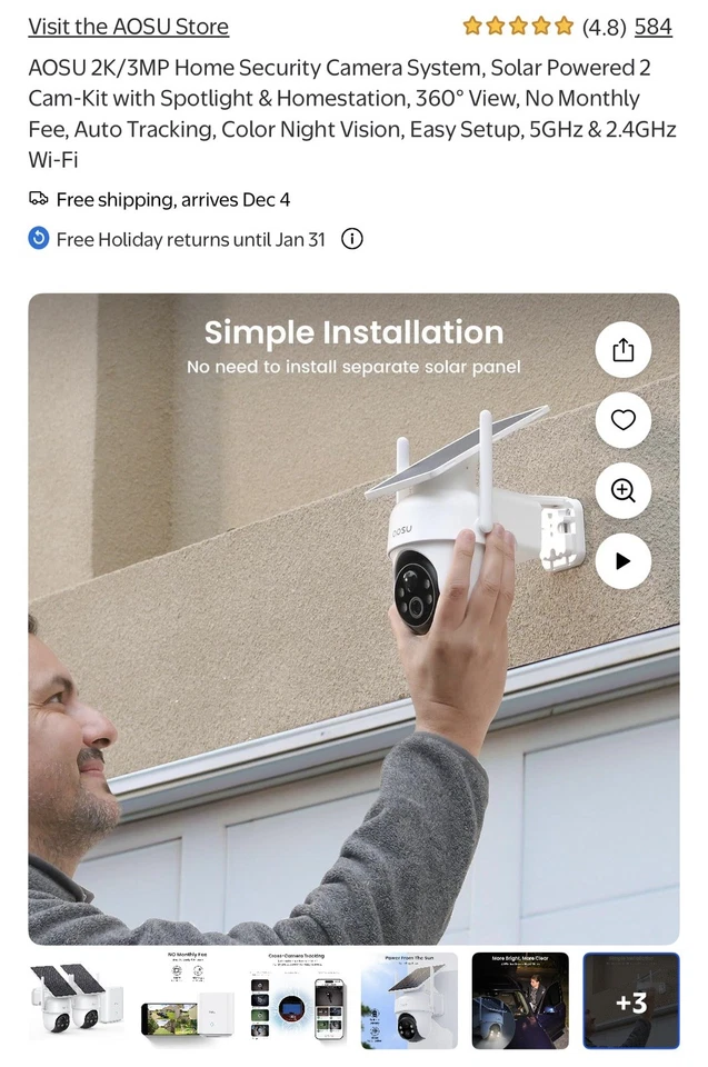 aosu 2K QHD 3.0-MP Dual-Band Wi-Fi® Outdoor AI-Smart Solar Security Camera Kit - Image 4 of 4