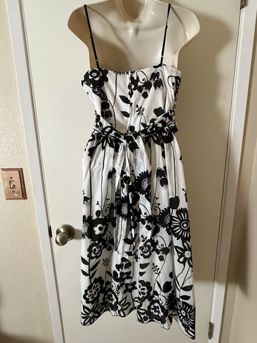 Bisou Bisou Dress Sz 6 Spagetti strap 100% Cotton Black & White Floral Lined Tie - Picture 6 of 11