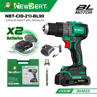 21V 1/2'' Electric Drill Cordless 2Speed 90Nm Compact Brushless Li-ion 2Battery